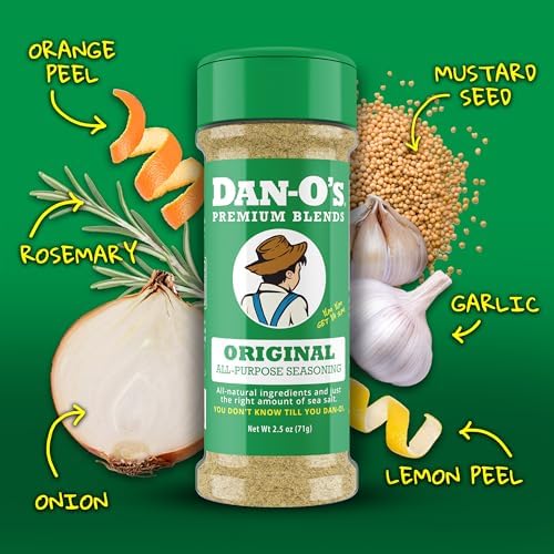 Dan-O's Original Seasoning, 2.5 oz Bottle, All Purpose Seasoning for Chicken, Turkey, Beef, Veggies and More, Sugar Free, Zero Calorie, Use this Spice Blend to Craft a Marinade, Dry Rub or Sauce
