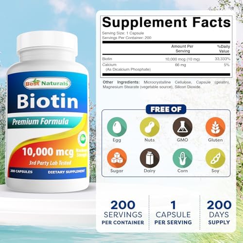 Best Naturals Maximum Potency Biotin 10,000 Mcg for Healthier and Longer Hair Growth Support Formula, 200 Count
