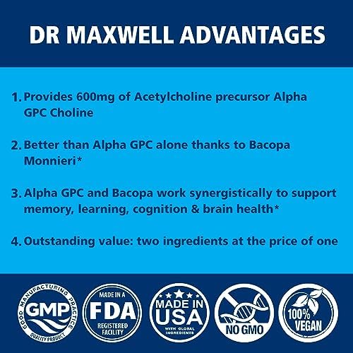Dr. Maxwell Acetylcholine, Alpha GPC Choline 600mg + Bacopa, Better Than Each Alone. More Reliable Acetylcholine (Supports Memory & Learning) Supplement, 60 Capsules