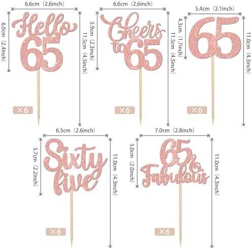 30PCS Happy 65th Birthday Cupcake Toppers Glitter Hello 65 Fabulous Sixty Five Cheers to 65 Years Old Birthday Cupcake Picks for Happy 65th Birthday Anniversary Party Cake Decor Supplies Rose Gold