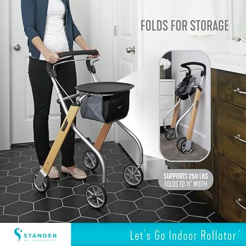 Stander Let’s Go Indoor Rollator, Lightweight Four Wheel Euro Style Walker with Tray, Folding Mobility Aid for Seniors by Trust Care, Beech