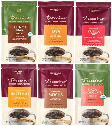 Teeccino Herbal Coffee Sampler - 6 x 30g Trial Size Chicory Coffee Alternatives - French Roast, Vanilla Nut, Hazelnut, Mocha, Maca Chocolate, Java – Prebiotic, Caffeine Free & Acid Free