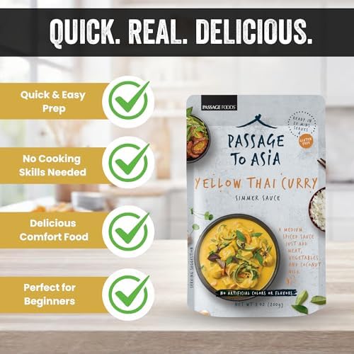 PASSAGE TO ASIA Curry Sauce - Yellow Thai Curry Simmer Sauce - Authentic Mild Spice Yellow Curry Asian Food - Quick and Easy Meal - 255g