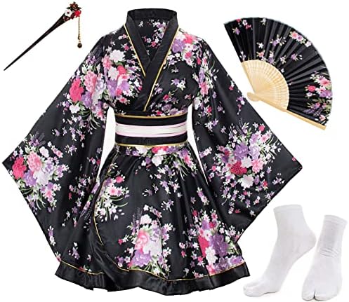 Japanese Anime Women's Dance Kimono Robe Fancy Dress Hand Held Silk Folding Fans Tabi Hairstick Socks Set