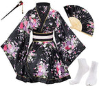 Japanese Anime Women's Dance Kimono Robe Fancy Dress Hand Held Silk Folding Fans Tabi Hairstick Socks Set
