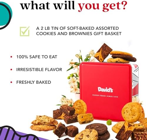 David’s Cookies Gourmet Assorted Cookies and Brownies Gift Basket - 12 x 1.5oz fresh baked cookies and 10 x 2oz individually wrapped brownies - Great for Sharing, Ideal Gift for All Special Occasions