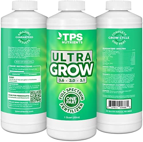 TPS NUTRIENTS Ultra Grow One Part Veg Plant Fertilizer with All NPK Cal-Mag and Micros, 1 Quart (32 oz)