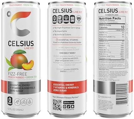 CELSIUS Fizz Free Peach Mango Green Tea, Sugar Free Energy Drink, 12 Fl Oz (Pack of 12)