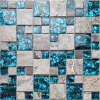 Hominter Premium Teal Blue Crystal Glass & Grey Stone Tile Modern Bathroom Shower Wall Versaille Patterns Mosaic for Kitchen Fireplace Decor (3"x12" Sample)