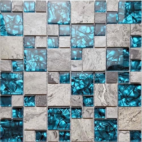 Hominter Premium Teal Blue Crystal Glass & Grey Stone Tile Modern Bathroom Shower Wall Versaille Patterns Mosaic for Kitchen Fireplace Decor (3"x12" Sample)