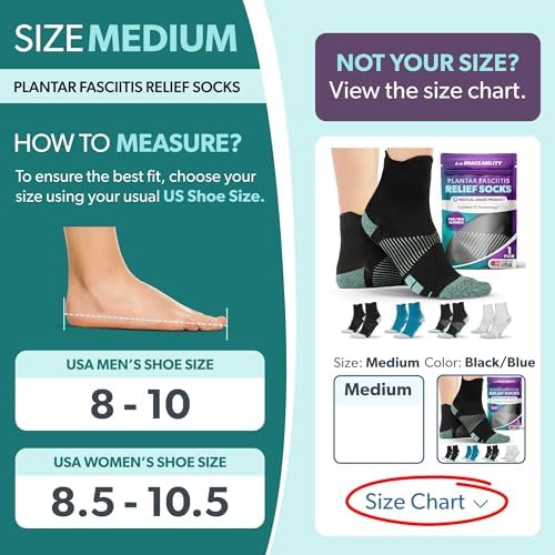 BraceAbility Plantar Fasciitis Socks - Ankle Compression Socks for Foot Pain Relief, Heel Spurs, Achilles Tendonitis, Full-Toe Arch Support Sleeve Socks for Women and Men (1 Pair - M Black/Blue)