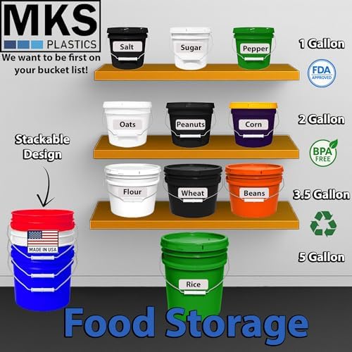 MKS Plastics 5-Gallon Bucket with Airtight Lid – Made in USA, Food Grade BPA Free Plastic, Heavy Duty Multi-Use, Metal Handle with Grip, Stackable Storage – Green, 1 Pack
