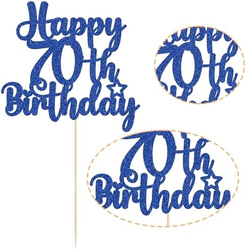 Gyufise 1Pc Happy 70th Birthday Cake Topper Glitter 70 & Fabulous Cheers to 70 Years 70th Birthday Cake Pick for Celebrating 70th Birthday Anniversary Party Cake Decorations Supplies Blue