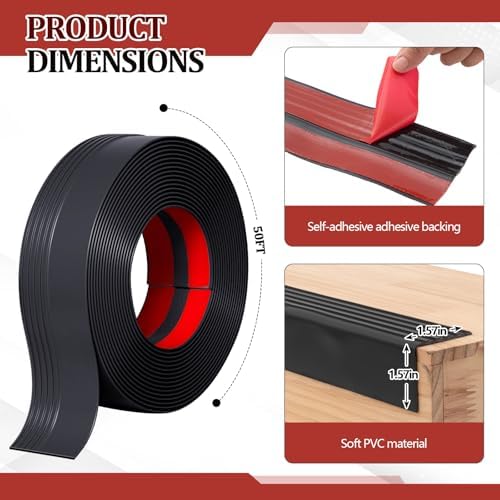 Pangda 50 ft Stair Edge Protector Black Rubber Edge Trim for Steps Vinyl Stair Nose Molding Rubber Nose Trim Edging Guard Treads Self Adhesive for Indoor and Outdoor, Non Slip and Waterproof
