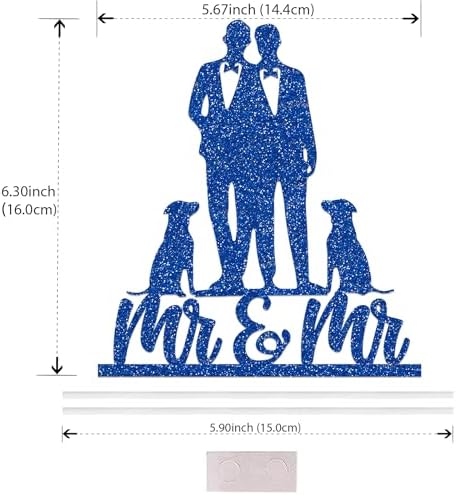 Gay Wedding Cake Topper, Mr & Mr Cake Topper With Dog Black Color Acrylic Silhouette Wedding Aniversary Party Engagement, Blue Glitter