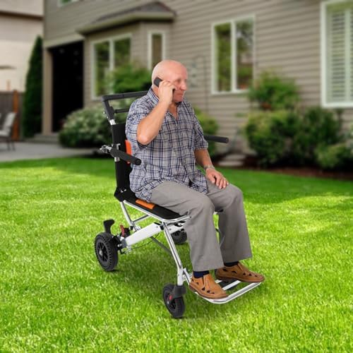 Elderly Folding Wheelchair, Portable Metal Travel Mobility Transport Chair, 352 lb. Load Capacity, with Foldable Pedals, Seat Belt, Hand Brake and Storage Bag, Lightweight Folding Chair