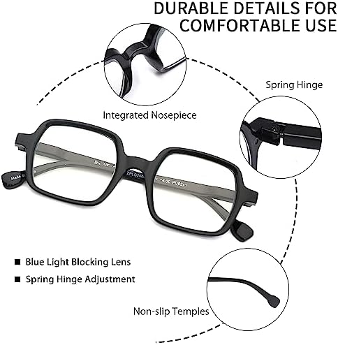 JM 4 Pack Square Reading Glasses, Blue Light Blocking Computer Reader for women men, Spring Hinge