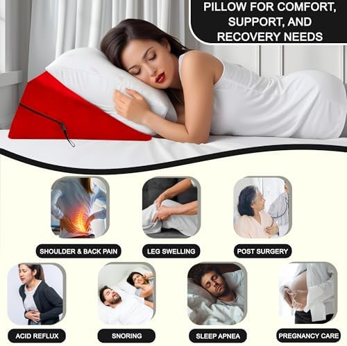 sokoro Bed Wedge Pillow for Sleeping, Triangle Pillow Wedge, Acid Reflux, Gerd, After Surgery, Back Support, Body Positioners for Pregnancy, Adults, Seniors to Elevate Head, Knee, Leg, Red