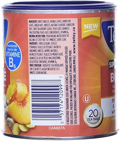 Tetley Super Herbal Tea Boost: Peach Ginger & Dandelion with Vitamin B6 - 20ct Imported from Canada