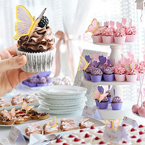 22-Pieces Butterfly Cake Decorations With Happy Birthday Acrylic Cake Toppers for Baby Shower Wedding Birthday Party Decor (Purple & Pink)