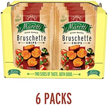 Maretti - Bruschette Chips with Tomato, Olives & Oregano - All Natural Oven Baked Bagel Chips - Good for Vegetarians - Party Snacks Thin Bagels - No Artificial Colors and Flavor 5 oz. (Pack of 6)