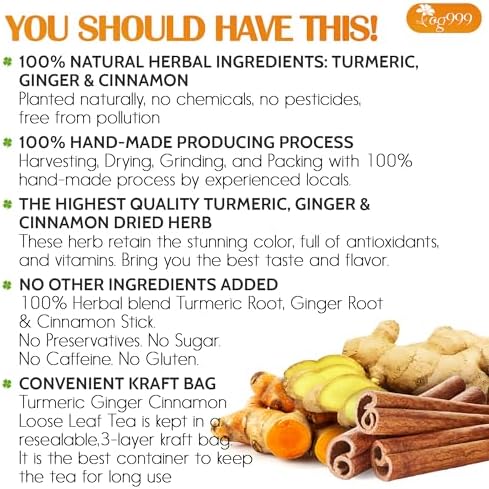 TOG999, Premium 15oz Ginger Turmeric Cinnamon Loose Leaf Herbal Tea - Premium Quality Spiced Herbal Blend – Caffeine-Free, Non-GMO, Natural Dried Roots and Bark. Vegan-Friendly.