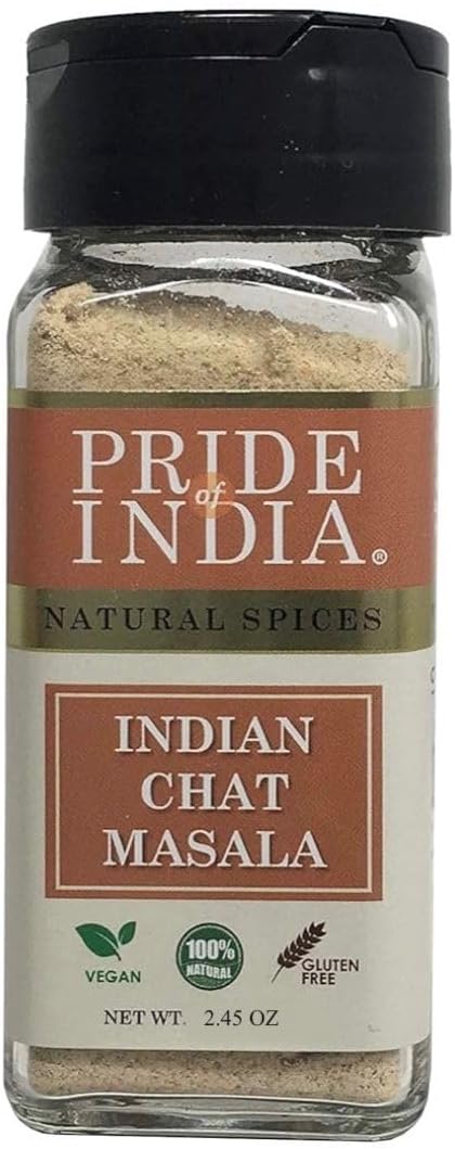 Pride of India – Indian Chat Masala Seasoning Spice – Ideal for Savory Dishes – Perfect Seasoning for Drinks/Salads/Fruits – Preservatives Free – Easy to Use – 2.45 oz. Small Dual Sifter Jar