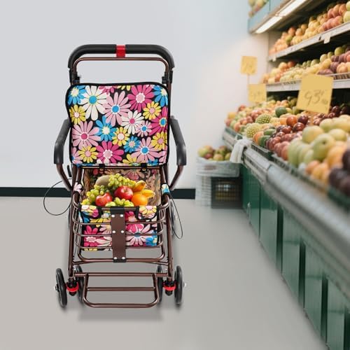 Foldable Rollator Walker with Seat Lightweight Shopping Cart for Seniors Portable Grocery Cart with Large Basket 18.9x15.75in (Floral Fabric)
