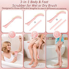 Foot Brush & Back Scrubber Set, 27.5'' Adjustable Foot Scrubber for Shower, 18.9'' Shower Back Scrubber with 3-Length Usage, Great Aid for People with Limited Mobility(Pink Set)