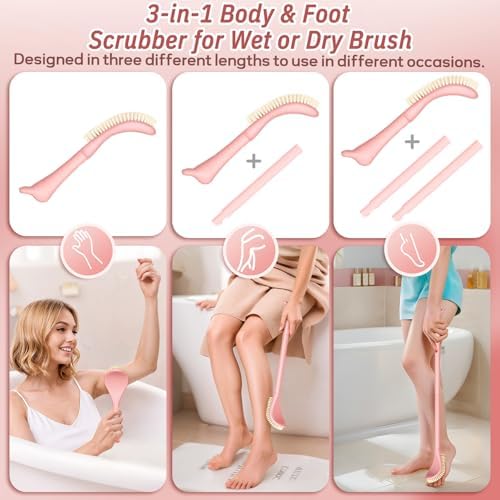 Foot Brush & Back Scrubber Set, 27.5'' Adjustable Foot Scrubber for Shower, 18.9'' Shower Back Scrubber with 3-Length Usage, Great Aid for People with Limited Mobility(Pink Set)