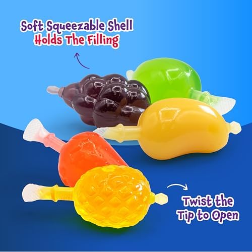 Fruit Squeezable Jellies - 40 Count Jar - Tik Tok Candy - Fun Jelly Treat in Assorted Fruit Flavors - Mango, Strawberry, Apple, Pineapple & Grape - Gelatin Free