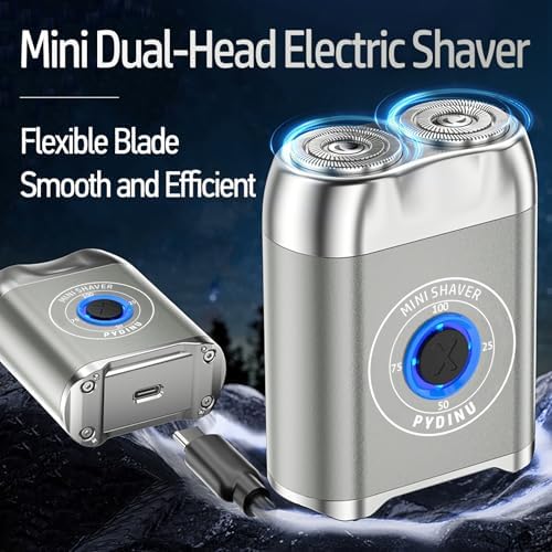 Mini Electric Shaver, Travel Portable Beard Trimmer for Men, Alloy Pocket Dual-Head Electric Shaver, IPX7 Waterproof Mini Razor, USB C Rechargeable (Silver)
