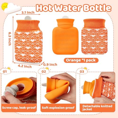 Amylove Mini Hot Water Bottle 320ml for Hot & Cold Compress with Cover Silicone Microwave Heating Small Water Bag for Travel Pain Relief Valentine's Day Gifts(Orange)