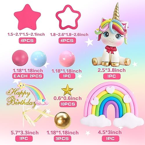 29 PCS Unicorn Cake Topper, Unicorn Rainbow Cake Decorations with Rainbow Stars Unicorn Balls Happy Birthday Cake Decorations for Boys Girls Kids Birthday Party Baby Shower Supplies (Star)
