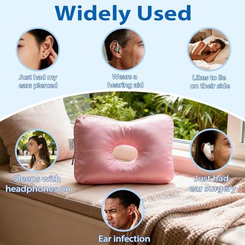 Satin Ear Piercing Pillow - Removable Washable Large Cover Piercing Pillow for Side Sleepers, Donut Side Sleeping Pillow for Pain Relief Sleeping, Pressure Sore, Adjustable Ear Protector (Pink)