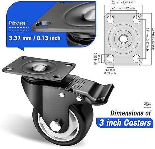 Caster Wheels - 3 Inch Casters Set of 4 Heavy Duty, BOSGEOT Locking Industrial Caster with 360 Degree No Noise Polyurethane Wheels, Swivel Plate Casters with Brake - Pack of 4