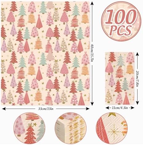 100 Pack Boho Christmas Guest Napkins Pink Xmas Tree Disposable Paper Napkins Forest Dinner Hand Napkin for Home Kitchen Bathroom, 13 x 15.7 Inch