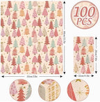 100 Pack Boho Christmas Guest Napkins Pink Xmas Tree Disposable Paper Napkins Forest Dinner Hand Napkin for Home Kitchen Bathroom, 13 x 15.7 Inch