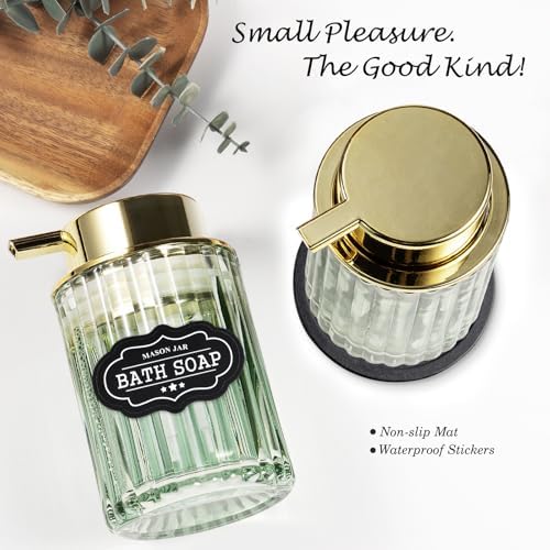 Amolliar Foaming Soap Dispenser, 8OZ Green Glass Soap Dispenser with Plastic Pump, Refillable Hand Soap Dispenser for Bathroom, Kitchen, Shower, Lotion, Dish Soap Dispenser, Home Decor, Gold 2 Pack