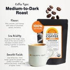 Happy Gut Coffee - Doctor-Formulated, Organic Medium-to-Dark Roast Coffee with Gut-Friendly Benefits - Gentle on Stomach - Rich Flavor, Gluten-Free, No Bitterness - 12oz - SMOOTH - Ground