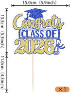 Rsstarxi 1 Pack 2026 Graduation Cake Topper Glitter Congrats Class of 2026 Cap Diploma Cake Pick 2026 Cake Decorations for Congrats 2026 Graduation Theme Party Supplies Blue Gold