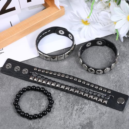 Vin Beauty 4 Pcs Leather Studded Bracelets for Men Women, Punk Leather Rock Studded Bracelets Emo Punk Rock Leathers Goth Jewelry for Vintage Outfits