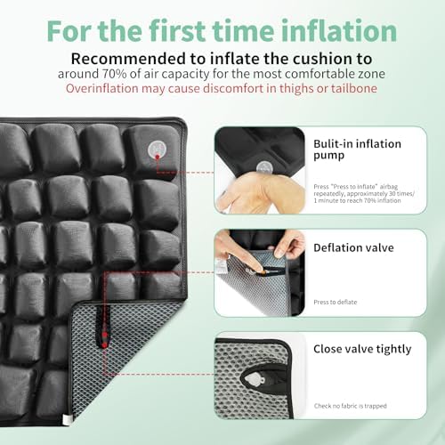 3D Air Inflatable Seat Cushion for Wheelchair & Office Chair - Adjustable Firmness Pad for Sciatica, Tailbone & Lower Back Pain Relief - Breathable, Anti-Slip, Washable Cover (18x16)