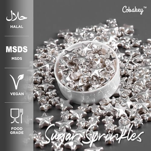 Cobakey Bright Silver Sprinkles for Cake Decorations 100g/ 3.52oz Star Metallic Pearl Sugar Sprinkles for Cupcake Toppers Wedding Party Valentines Halloween Christmas Supplies