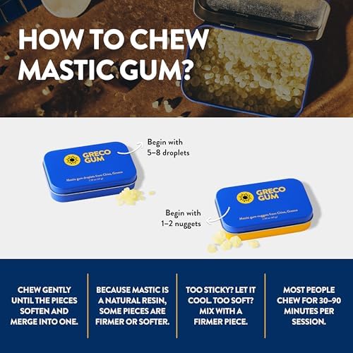 Greco Gum - Mastic Gum Droplets – Small Pieces Hard Chewing Gum for Jawline Training, Digestive Support, Bloating Relief – Piney Flavor, Chios Mastiha – Plastic-Free, Sugar-Free – 1 Tin (1.59 oz)