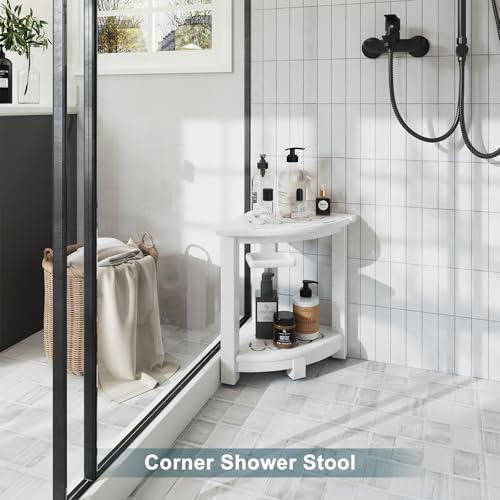 NALONE Corner Shower Stool, HDPE Shower Bench for Inside Shower, Small Shower Chair Seat for Shaving Legs with Storage Shelf, Soap Box and No-Slip Feet (White)