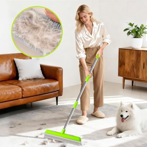 Pet Hair Removal Rubber Broom, Carpet rake with Squeegee for Cleaning Pet Hair, 52 inch Long Handle Rubber Broom,Dual-Sided for Fluff Carpet, Hardwood Floor, Tile,Green
