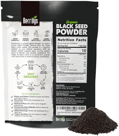 Berrilys Organic Black Seed Powder | Premium Black Cumin Powder, Pure and Natural, Perfect for Smoothies, Baking, and Cooking, High in Antioxidants and Nutrients, Non-GMO, Gluten-Free, Vegan | 16 oz