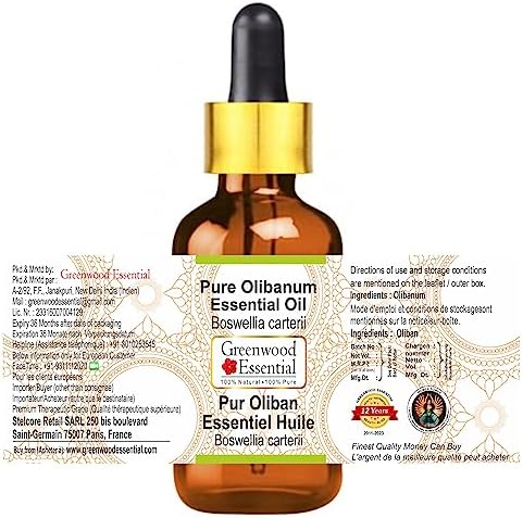 Greenwood Essential Olibanum Essential Oil (Boswellia carterii) with Glass Dropper | Pure | Non-Sticky | Non-Greasy | Lightweight | Men & Women | All Skin Types | Steam Distilled 15ml (0.50 oz)