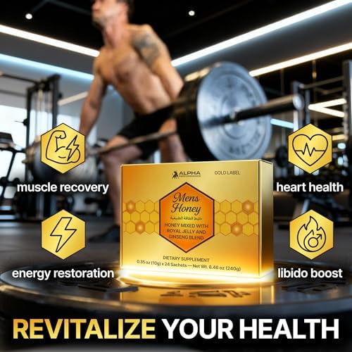 Mens Gold Honey - Royal Jelly Honey for Men, Extra Strength Quality, Herbal Superfood Mix - Raw & Natural Energy & Power Supplement, No Added Sugar - 24 Individual Packets, 10g